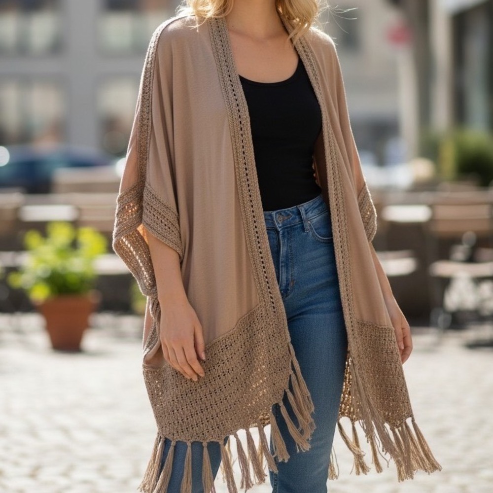 Altar'd State Kimono Women M/L Tan Excellent Crochet Fringe Boho Wrap Cardigan